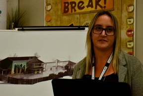 Optimism Place executive director Jasmine Clark speaks about the future of the Stratford women's shelter during a celebration and series of funding announcements Thursday evening to officially launch construction on a 7,000 square-foot, 18-bed expansion of the shelter building.  Galen Simmons/The Beacon Herald/Postmedia Network