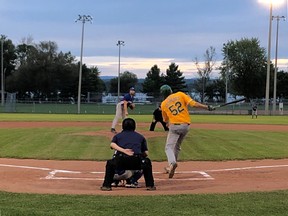 Pembroke Athletics first baseman, Tommy Serran, hits a two run double off of Petawawa starter Brandon Firlotte to give the A’s an early lead, but Petawawa won the game in a slugfest to advance to the final of the Ottawa Valley Baseball League.