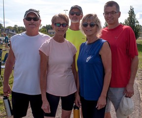 Members of the Schwartzentruber family – siblings Gary, Colleen, Grant, Karen and Quintin – participated in a walk-a-thon benefiting Knollcrest Lodge in Milverton on Sunday.  In total, 12 members of the family took part in honor of their late parents, grandparents, and great-grandparents Katie and Glenn, former Knollcrest Lodge residents.  Chris MontaniniStratford Beacon Herald