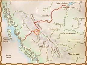 Map of Sir Alexander Mackenzie’s journey to Pacific Ocean. You can see Peace River from which the student brigade/voyageurs embarked on its last major journey to Bella Coola and the Pacific. Imagine taking that journey – in a canoe.