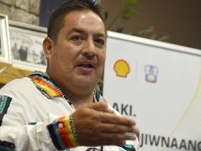 Aamjiwnaang First Nation Chief Chris Plain speaks during an event at the First Nation's community centre in 2019. 
File photo/Postmedia