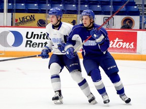 Sudbury Wolves forwards Michael Derbidge, left, and Ethan Larmand jockey for position during the annual Blue and White Game at Sudbury Community Arena in Sudbury, Ontario on Friday, September 2, 2022.