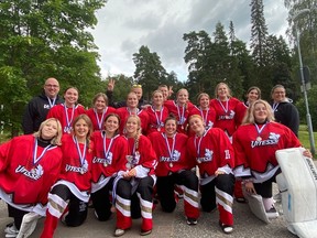 Nine Spruce Grove Ringette Association players won a bronze medal this summer with Team Greater Edmonton Vitesse at the 2022 Lions Ringette Cup in Helsinki, Finland. Photo submitted.