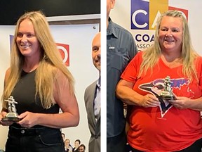 Kingston coaches Taryn Turnbull, left, and Linda Tracey won awards in Toronto on Saturday, Sept. 17, 2022, from the Coaches Association of Ontario. They were two of 10 Ontario coaches honoured by the association.