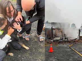 Two people were displaced and their home lost in a fire on Estaire Road on Saturday morning, but Greater Sudbury firefighters were able to find the family dog and reunite him with his owners.