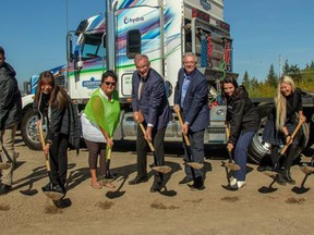 Ground was officially broken on the Prince George Hydra station. From left to right: Chief Dolleen Logan. Councillor Helen Buzas, Minister Bruce Ralston, Mayor Lyn Hall, Jessica Verhagen – Hydra Energy, Arlene Gagne – Dymin Mechanical & Refrigeration