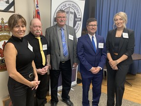 Norfolk County mayoral candidates, from left, Kristal Chopp, Dave Bate, Bill Culver, Ian Rabbitts and Amy Martin gathered for an all-candidates meeting at the Simcoe Legion on Sept. 21. Vincent Ball/Postmedia