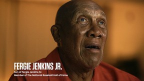 Major League Ballball Hall of Fame pitcher Fergie Jenkins looks on in awe as he receives a preview of the digitized version of the 1934 OBA Champion Chatham Colored All-Stars, which is now embedded as a playable team in the video game MLB The Show. (Handout)