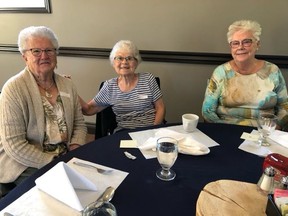 Retired South Bruce RWTO members Eleanor Thompson, left, Sharon Ribey, centre, and Audrey MacDonald enjoy catching up Sept. 6. Photo by Pat Emmerton.