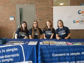 Laurentian University staff and students raising awareness on the importance of consent at fall orientation on campus include, from left, Estella Bouchard, Emma Lelievre, Avery Morin and Stephanie Harris.
