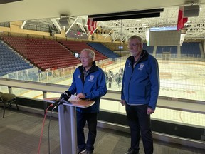 Co-chairs Mark Brown and Rick Miller address the media at Memorial  Gardens last month to announce the 2022 Boost National Pinty’s Grand Slam of Curling.