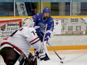 Greater Sudbury Cubs forward Pierson Sobush (91) plays the puck during NOJHL action against the French River Rapids at Gerry McCrory Countryside Sports Complex in Sudbury, Ontario on Thursday, September 22, 2022.