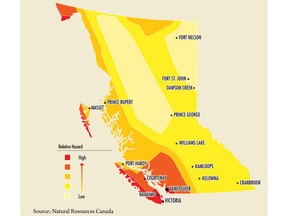 B.C. earthquake hazard map from 2014. Source: Natural Resources Canada (from report titled: CATASTROPHIC EARTHQUAKE PREPAREDNESS)