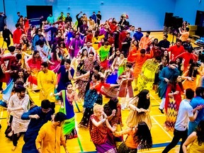 Dozens of people dance during Grand Navratri Garba, a fundraiser event organized in London by the Hindu Centre of Western Ontario as part of the Hindu Navaratri festival in 2018. (Supplied photo)