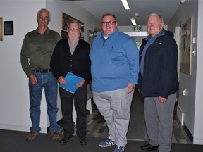 From left: Ron McLaren, deputy mayor of Machar Township; Bill O'Hallarn, past president of South River Curling Club and Village of South River town councillor; Parry Sound-Muskoka MPP Graydon Smith; and South River Mayor Jim Coleman are pictured during Graydon's visit to the curling club Saturday to learn first hand how a grant from the Ontario Trillium Foundation helped the facility survive the COVID-19 pandemic.