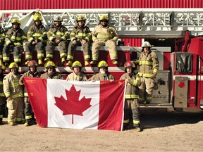 Powassan has put together its first firefighters calendar. The monthly images coincide with the various seasons and in most shots the firefighters are shirtless. The July image depicts several firefighters in full gear by their 100-foot ladder truck 'Big Red' and holding the Canadian flag to commemorate Canada Day.