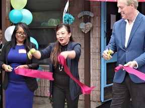 Dynamic Health Management officially opened its Trout Creek Senior Living home on Wednesday in Trout Creek with a ribbon-cutting ceremony.  Pictured, from left,  are Shoma Maraj, Dynamic's  director of policy and compliance; company chief operating officer Belisha Ke; and Paul Heinrich, president and CEO of the North Bay Regional Health Centre.