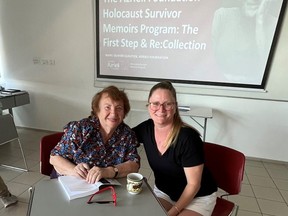 Rita Purdy, a social studies teacher at Ardrossan Junior High, and Holocaust survivor Eva Lang.