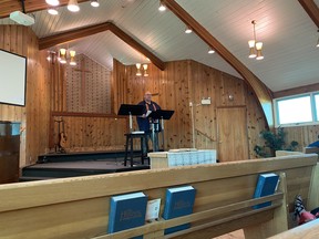 Parry Stelter, Stony Plain-based Indigenous scholar and founder of Word of Hope Ministries speaks during a lecture at Melville Baptist Church in Melville, Sask., last weekend. Photo submitted.