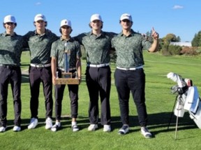 Members of the AABHN boys golf championship team from St. John's College include (left) Cole Williams, Matthew McConkey, Ethan Szabo, Brady Sinclair and Gio Tancredi.