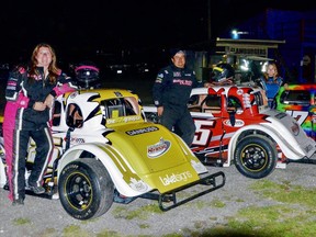 From left are Jennifer Hatch, Kenny McNichol, Hailey McNichol and Zach Hatch, who made Canadian racing history on Sept. 24 as they raced alongside each other in the Great Lakes Legends Series at Flamboro Speedway.