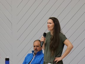 Councillor-at-large candidate Jennifer Prenger addresses a crowd of about 200 people during an all-candidates meeting in Kincardine on Sept. 26. Photo by Kelly Kenny/Kincardine News.