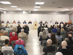 The candidates vying for a council seat in the Town of Petawawa went before town residents on Sept. 28 at the Petawawa Rotary Club all-candidates forum at the Petawawa Civic Centre. The candidates are, from left, Barry Schimmens, Theresa Sabourin, Cyndi Mills, Gerald Hoffman, Karen Donovan, James Carmody, Simon Brooks, Lisa Coutu, Adam Driscoll, Matthew McLean, Murray Rutz and event moderator Katie Hyska. Anthony Dixon