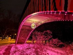 Initially funded through Destination Stratford and RTO4's Shareable Moments Challenge, the lights display at Stratford's Bridge to Nowhere has since become a regular part of the annual Lights On Stratford winter lights festival.  (Galen Simmons/Beacon Herald file photo)