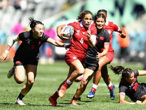 Co-captain Breanne Nicholas of Canada plays against China during Day 1 of the Rugby World Cup Sevens at DHL Stadium on Sept. 9, 2022, in Cape Town, South Africa. (Ashley Vlotman/Gallo Images/Getty Images)