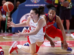 Bridget Carleton of Canada passes the ball during the 2022 FIBA Women's Basketball World Cup semifinal match against the United States at Sydney Superdome on September 30, 2022, in Sydney, Australia. (Photo by Mark Metcalfe/Getty Images)