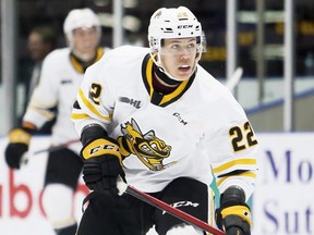 Sarnia Sting's Sandis Vilmanis (22) plays against the London Knights during an OHL pre-season game at Progressive Auto Sales Arena in Sarnia, Ont., on Saturday, Sept. 10, 2022. Mark Malone/Chatham Daily News/Sarnia Observer