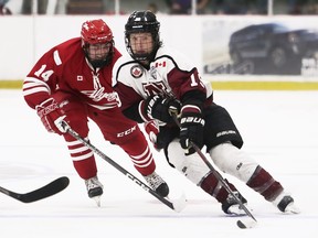 Chatham Maroons' Joel Fonovic (19) is chased by Leamington Flyers' Cody Brekke (14) at Chatham Memorial Arena in Chatham, Ont., on Sunday, Sept. 11, 2022. Mark Malone/Chatham Daily News/Postmedia Network