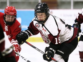 Chatham Maroons' Joel Fonovic (19) plays against the Leamington Flyers at Chatham Memorial Arena in Chatham, Ont., on Sunday, Sept. 11, 2022. Mark Malone/Chatham Daily News/Postmedia Network
