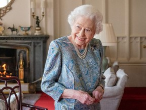 Queen Elizabeth II attends an audience with the President of Switzerland Ignazio Cassis (not pictured) at Windsor Castle on April 28, 2022 in Windsor, England.