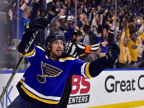 St. Louis Blues forward Jordan Kyrou (25) reacts after scoring a goal against the Colorado Avalanche during the second period in Game 6 of the second round of the 2022 Stanley Cup playoffs at Enterprise Center in St. Louis, Mo., on May 27, 2022. Jeff Curry-USA TODAY Sports