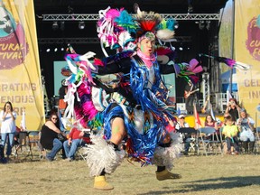 An Indigenous dancer in regalia dances at the Athabasca Tribal Council Cultural Festival in Fort McMurray on Sept. 10, 2022. Vincent McDermott/Fort McMurray Today/Postmedia Network