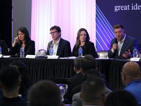 L-R UCP leadership candidates Leela Aheer, Danielle Smith, Todd Loewen, Rebecca Schulz and Brian Jean at an all-candidates forum at the Oil Sands Trade Show in Fort McMurray on Wednesday, September 14, 2022. Vincent McDermott/Fort McMurray Today/Postmedia Network