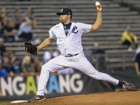 Fernando Fernandez of the London Majors pitches in the first inning of Game 5 of the Intercounty Baseball League finals at Labatt Park. Photograph taken on Tuesday September 20, 2022. Mike Hensen/The London Free Press