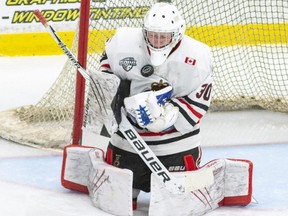 Sarnia Legionnaires goalie Logan Phillips makes a save against the Strathroy Rockets at Pat Stapleton Arena in Sarnia, Ont., on Thursday, Sept. 29, 2022. (Shawna Lavoie Photography)
