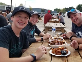 The McAuley family at Owen Sound Ribfest on Saturday, Sept. 17, 2022 in Owen Sound, Ont. Left to right Aiden, Liam, Malcolm and Sara McAuley. (Scott Dunn/The Sun Times/Postmedia Network)