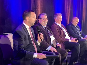 Tim Hudak, CEO of the Ontario Real Estate Association, left, led a panel discussion on issues affecting the current and future housing needs of those in Brantford and Brant County with Brant Mayor David Bailey, Brantford Mayor Kevin Davis and Brant MP Larry Brock.
