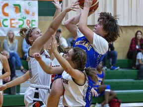 Olivia Saylon of the BCI Mustangs launches a shot at the hoop despite the defensive efforts of a pair of North Park Trojans during a senior girls basketball game on Thursday. Brian Thompson/Brantford Expositor