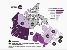 “Number and rates (per 100,000 population) of total apparent opioid toxicity deaths                            by province and territory in 2021” from the Government of Canada.