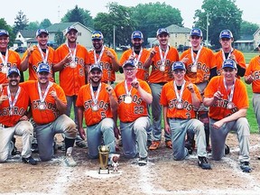 The Mitchell Senior Astros captured the Ontario Baseball Association (OBA) 'B' championship with six consecutive wins over Labour Day weekend in Petrolia. Back row (left: Doug Wolfe (manager), Rick Boon, Derek Smitjes, Nathan Smitjes, Dave Haggitt, Andrew Wolfe, Kevin Gardner, Luke Murray, Kale Murray, Brian Smitjes (coach). Front row (left): Kody Langlois, Jake Near, Brett Thompson, Larry Scherbarth, Aiden Di Fonzo and Jeremy Rose. Absent were Chris Wise and Adam Wolfe.