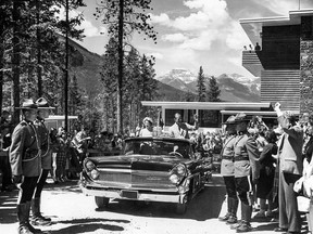 Queen Elizabeth II on her visit to Banff with Prince Philip at Banff Centre on July 10, 1959. (Pictured) The Royals chat with students. Photo Banff Centre archives.