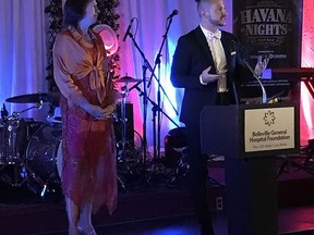 Belleville General Hospital Foundation Executive Director Steve Cook addresses the audience at the BGHF's 23rd Annual Gala -- Havana Nights -- Saturday, as Quinte Health Care President and CEO Stacey Daub looks on. The event raised a whopping $725,000. SUBMITTED PHOTO