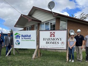 From the left, Hazzem Koudsi, Executive Director and Deb Wilson Director of Construction at Habitat for Humanity Prince Edward-Hastings. Hannah Streek, Ben Way, and Noah Streek from Harmony Homes. SUBMITTED PHOTO