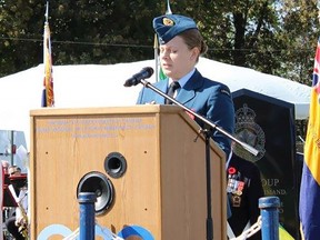 Acting 8 Wing Base Commander Lt.Col. Natasha Bolduc addresses the Ad Astra ceremony Saturday at the National Air Force Museum of Canada. JACK EVANS PHOTO