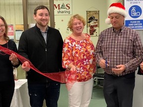 The Christmas Sharing Program is celebrating 55 years of service to the community. To mark the occasion last Friday, a ribbon cutting ceremony was held with, from the left: Sandy Barnes, Board Vice Chair, Christmas Sharing Program, Tyler Allsopp, Belleville Councillor, Ann Garvin, Board Chair, Christmas Sharing Program, Belleville Mayor Mitch Pancuik, and Hazel Lloyst, Program Coordinator, Christmas Sharing Program. SUBMITTED PHOTO