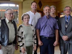 Pictured here in Heritage Village at Farmtown Park in Stirling are this year's Quinte Agricultural Wall of Fame inductees: (Back row) John and Andrea MacLean (representing their parents, Barton and Barbara MacLean). (Front row) Roger Barrett, Betty Ann Clitherow, Kevin MacLean (representing parents), and Dr. John Hancock. TERRY VOLLUM PHOTO